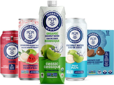 left to right; vintage cola soda, watermelon sparkling water, classic coconut water, coconut water with pulp, chocolate chip bar 12 pack box